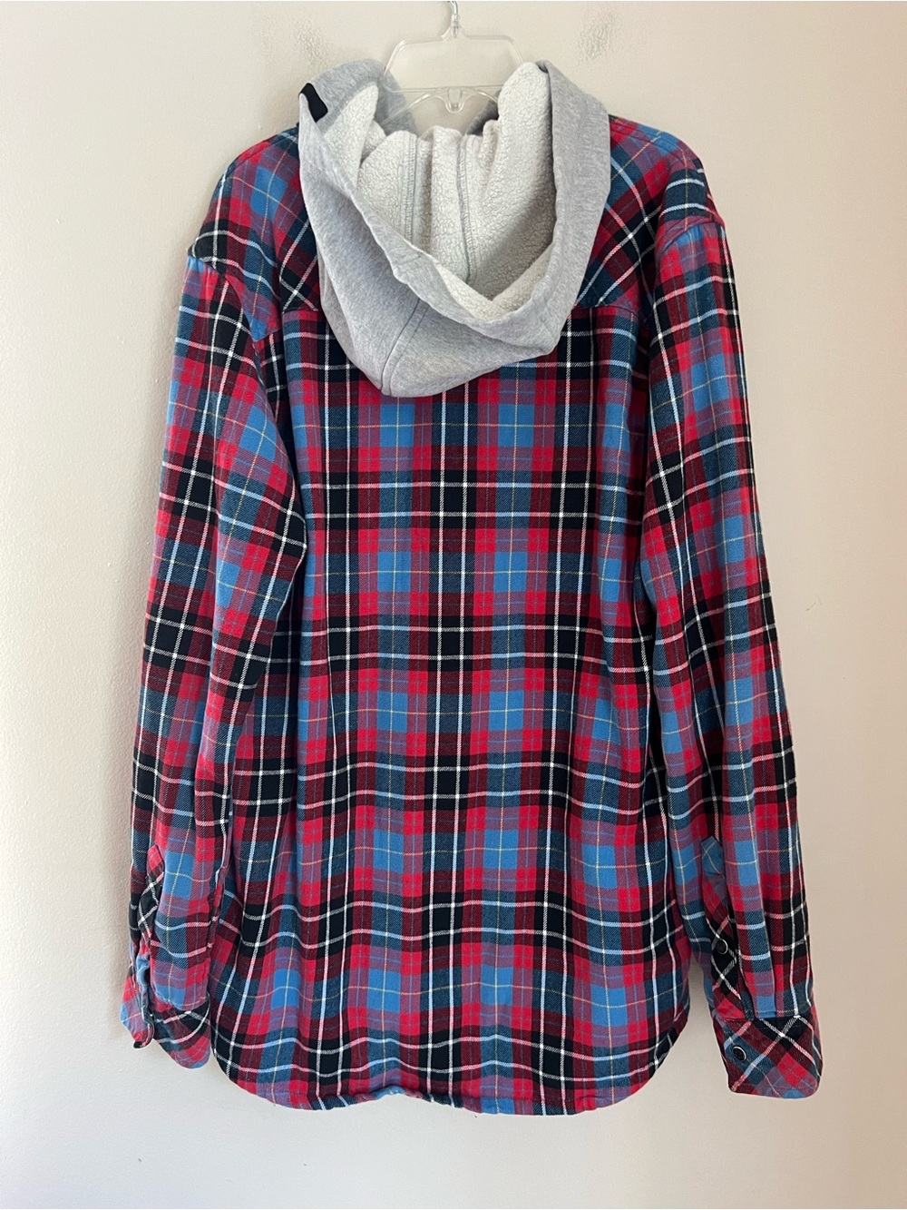 Never Summer Snap Hooded Shacket Shirt Mens L Blue Red Plaid Light Flannel Lined